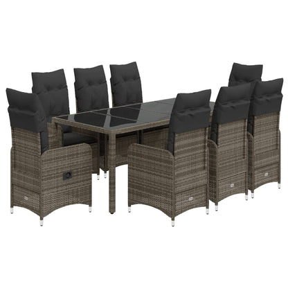 Set Bistrò da Giardino 9 pz con Cuscini in Polyrattan Grigio