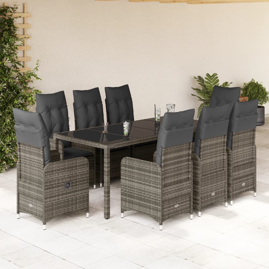 Set Bistrò da Giardino 9 pz con Cuscini in Polyrattan Grigio