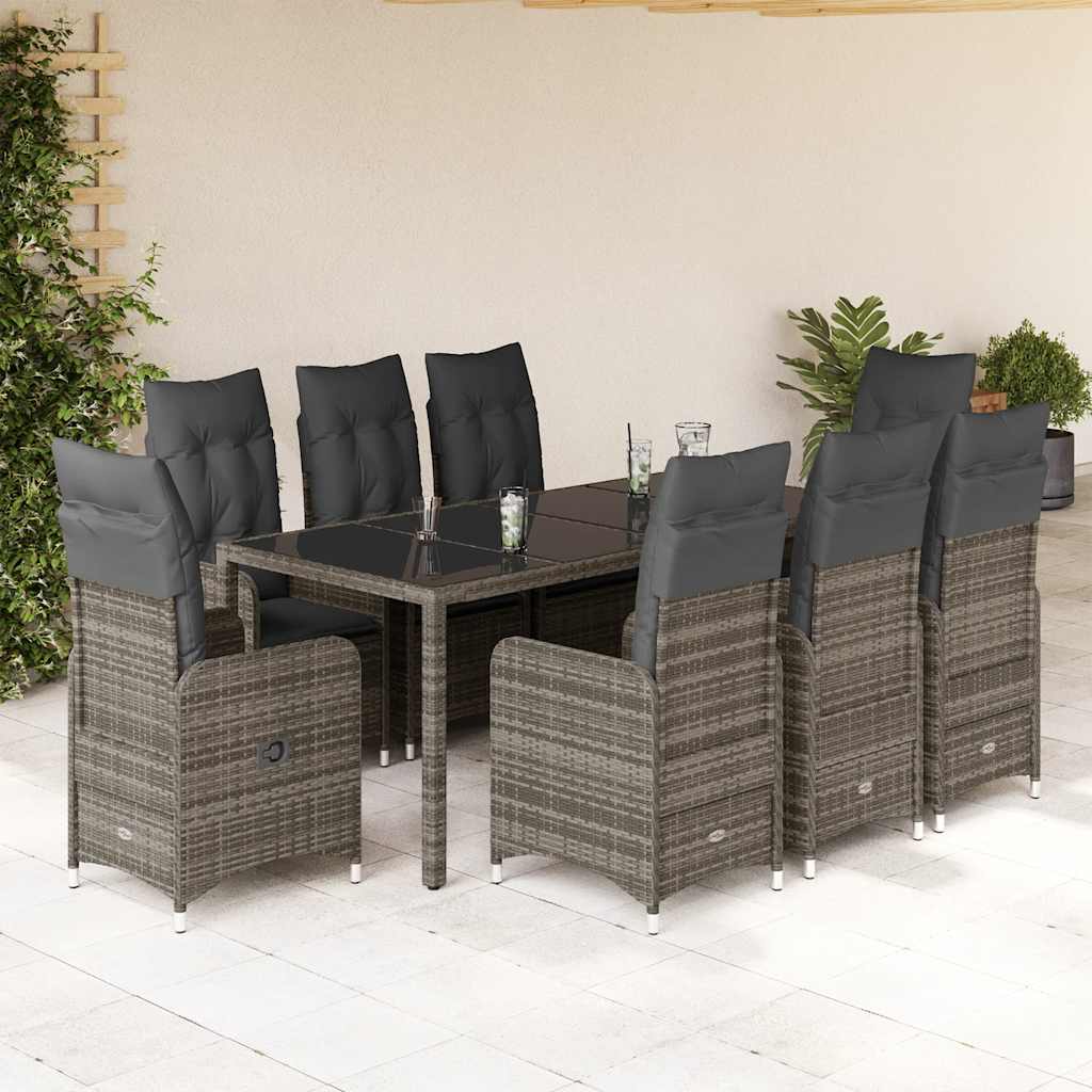 Set Bistrò da Giardino 9 pz con Cuscini in Polyrattan Grigio - homemem39
