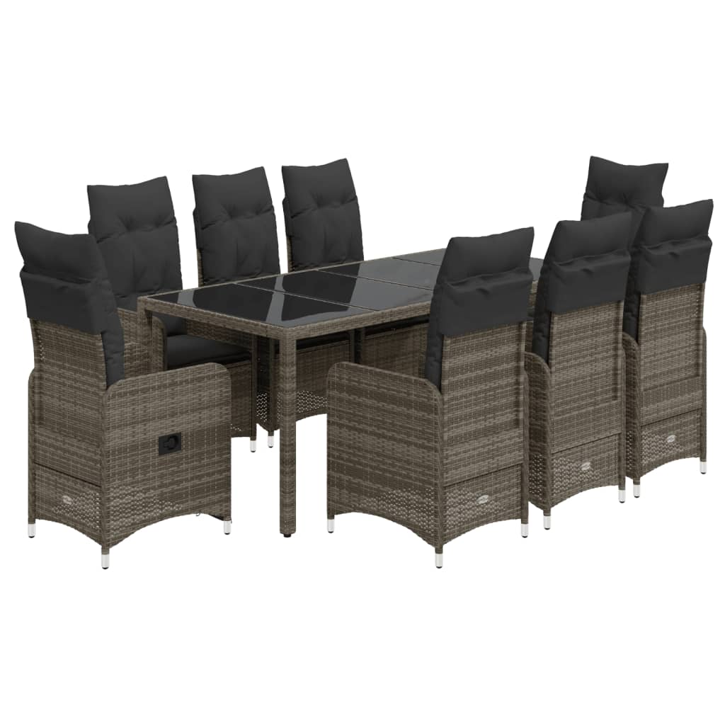 Set Bistrò da Giardino 9 pz con Cuscini in Polyrattan Grigio