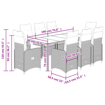 Set Bistrò da Giardino 9 pz con Cuscini in Polyrattan Grigio