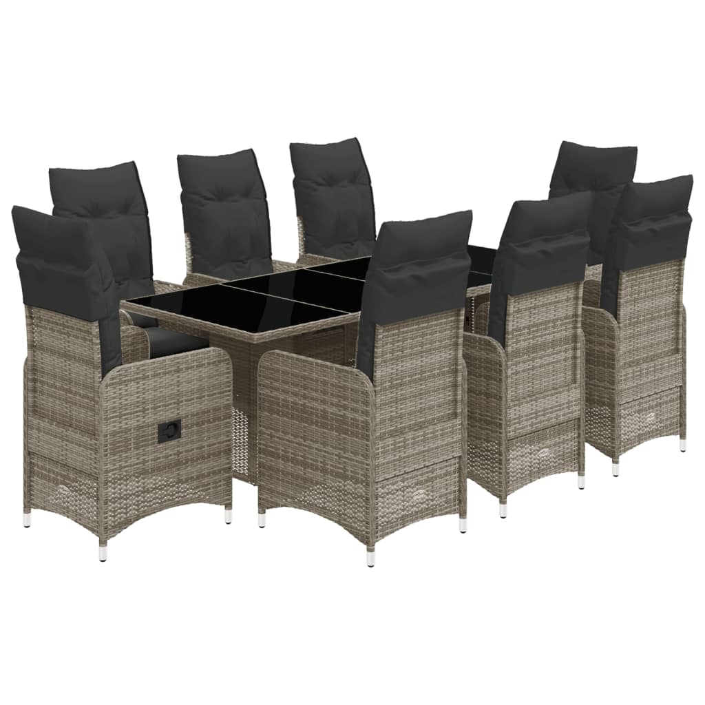 Set Bistrò da Giardino 9 pz con Cuscini in Polyrattan Grigio