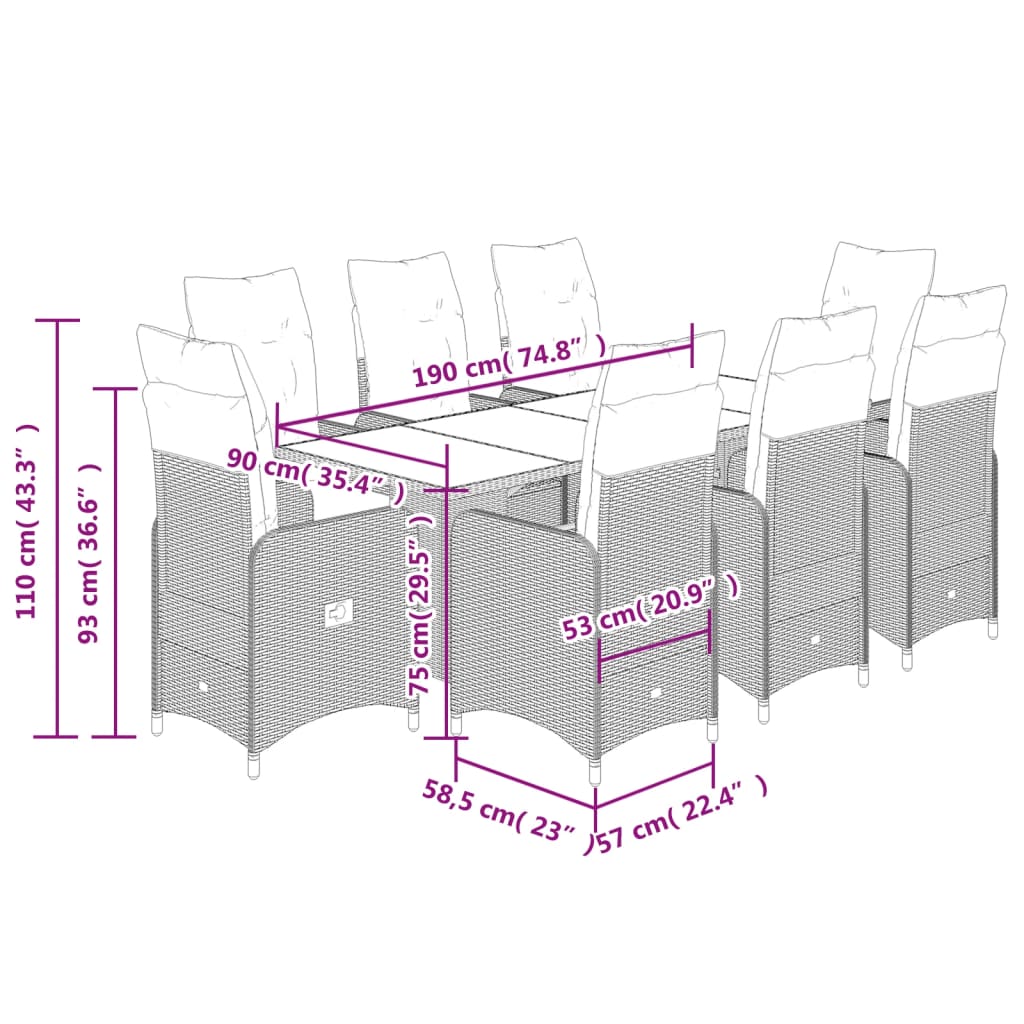 Set Bistrò da Giardino 9 pz con Cuscini in Polyrattan Grigio