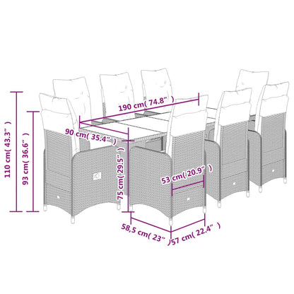 Set Bistrò da Giardino 9 pz con Cuscini in Polyrattan Grigio