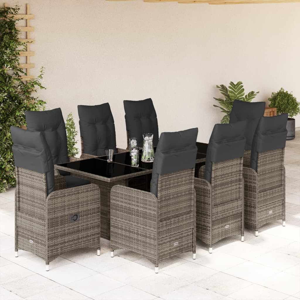 Set Bistrò da Giardino 9 pz con Cuscini in Polyrattan Grigio