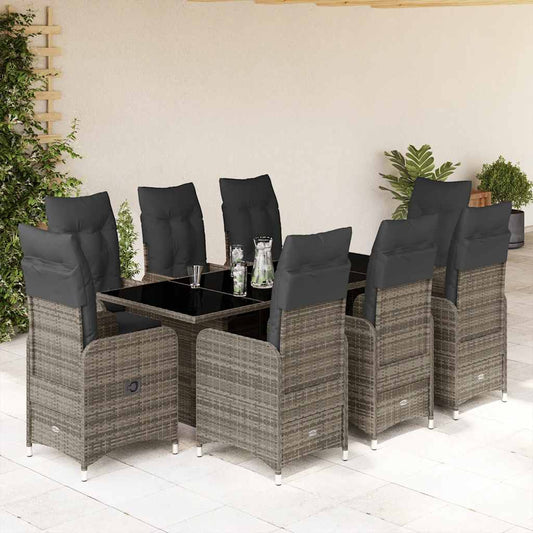 Set Bistrò da Giardino 9 pz con Cuscini in Polyrattan Grigio - homemem39