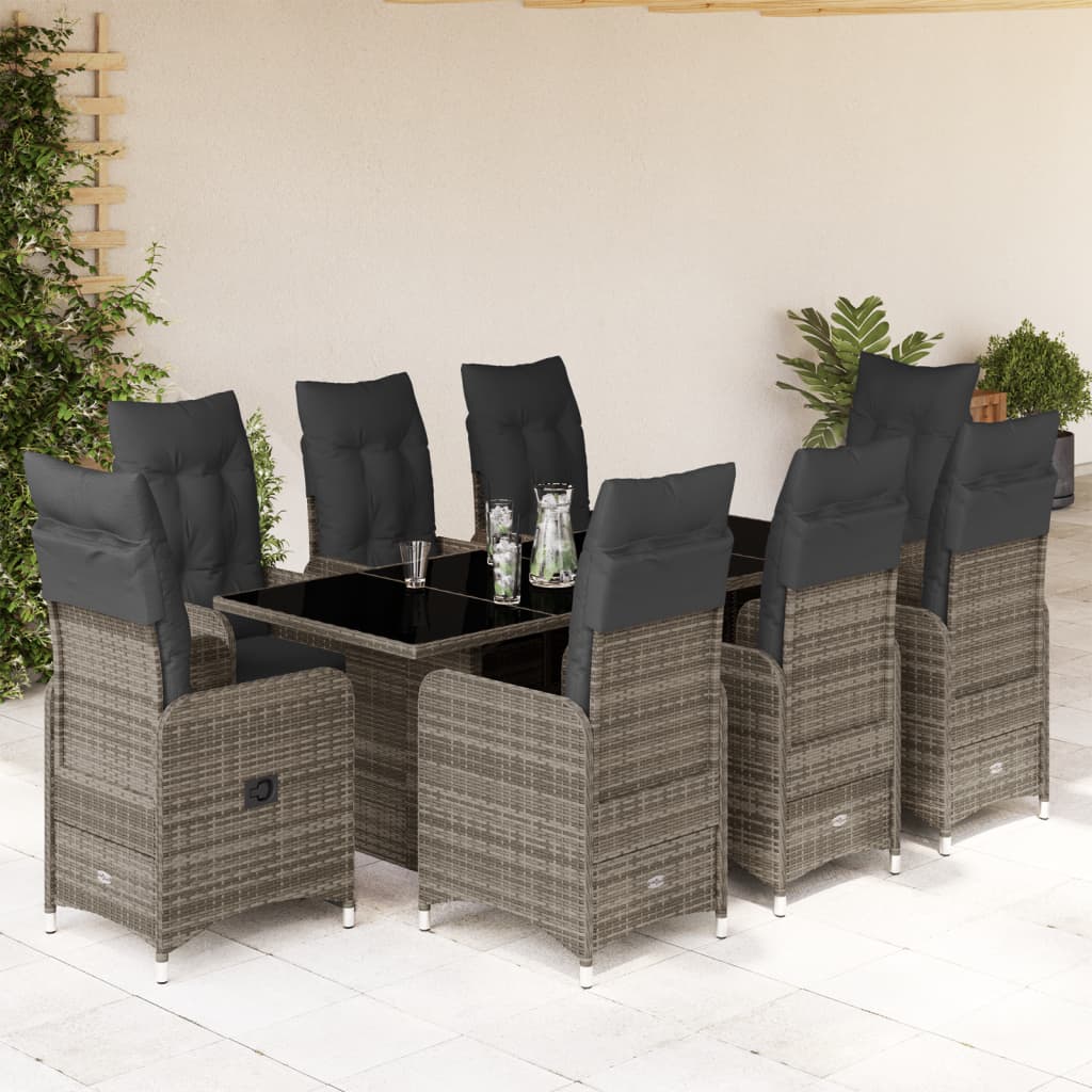 Set Bistrò da Giardino 9 pz con Cuscini in Polyrattan Grigio