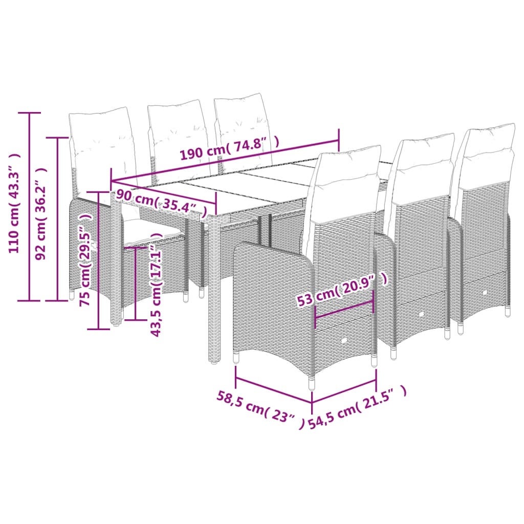 Set Bistrò da Giardino 7 pz con Cuscini in Polyrattan Marrone