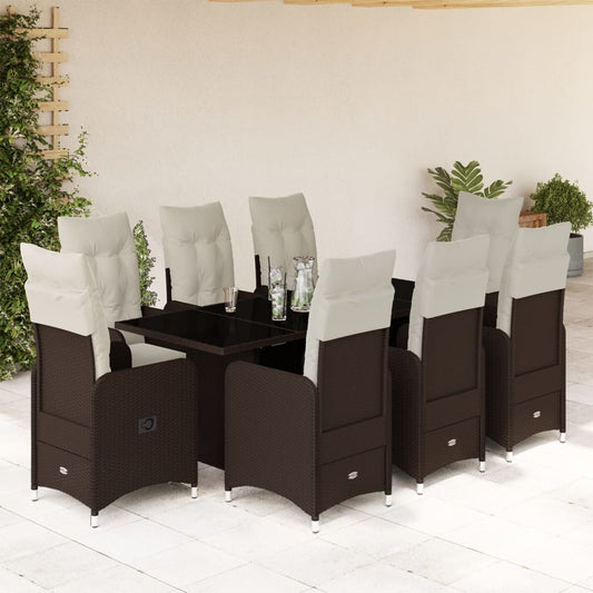 Set Bistrò da Giardino 9 pz con Cuscini in Polyrattan Marrone