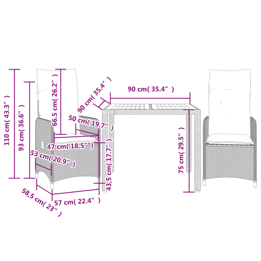 Set da Bistrò da Giardino 3 pz con Cuscini Beige in Polyrattan