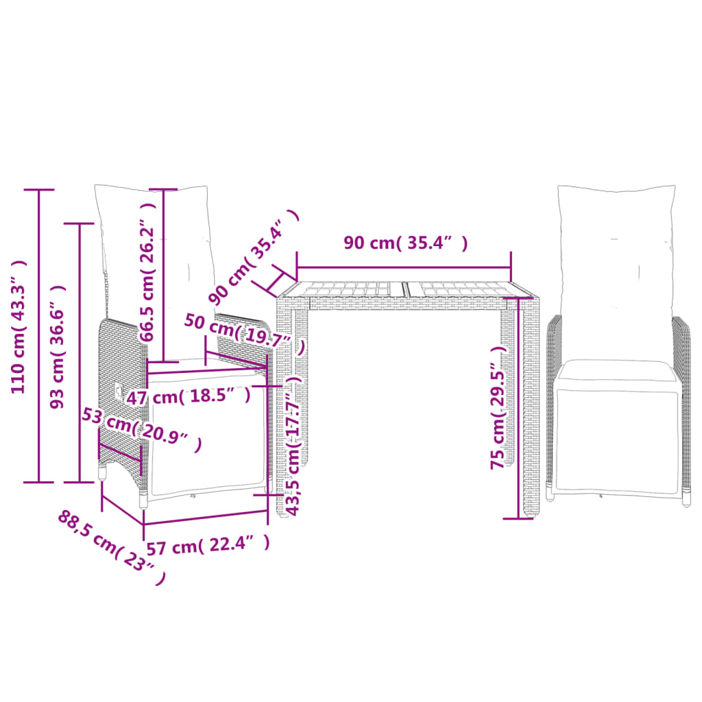 Set Bistrò da Giardino 3 pz con Cuscini in Polyrattan Nero