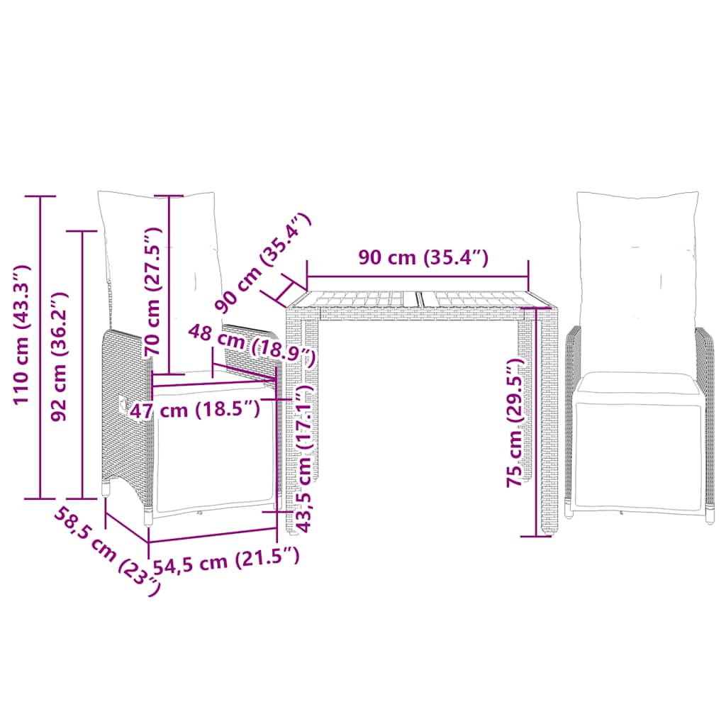Set Bistrò da Giardino 3 pz con Cuscini in Polyrattan Nero - homemem39
