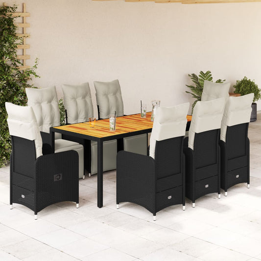 Set Bistrò da Giardino 9 pz con Cuscini in Polyrattan Nero