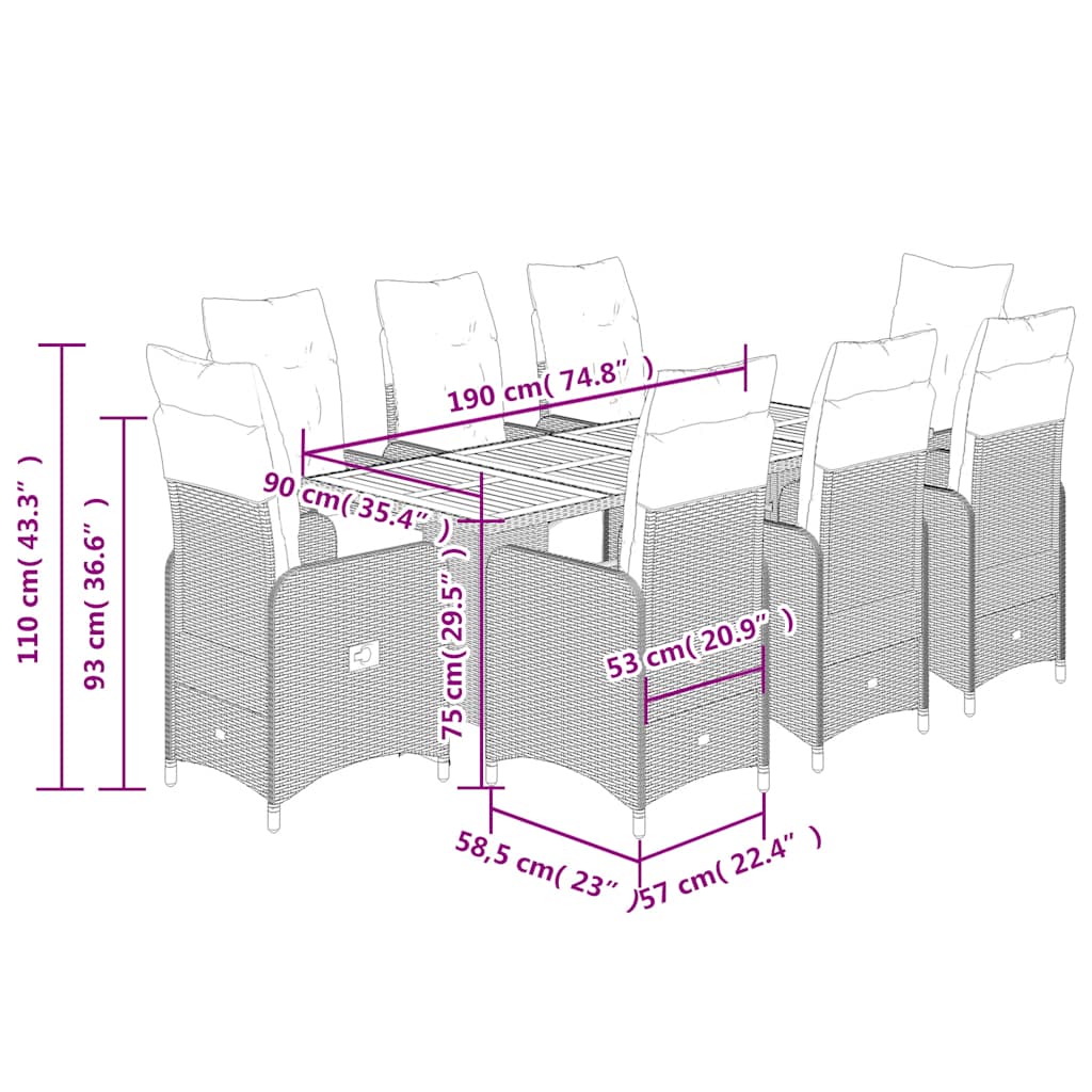 Set Bistrò da Giardino 9 pz con Cuscini in Polyrattan Nero - homemem39