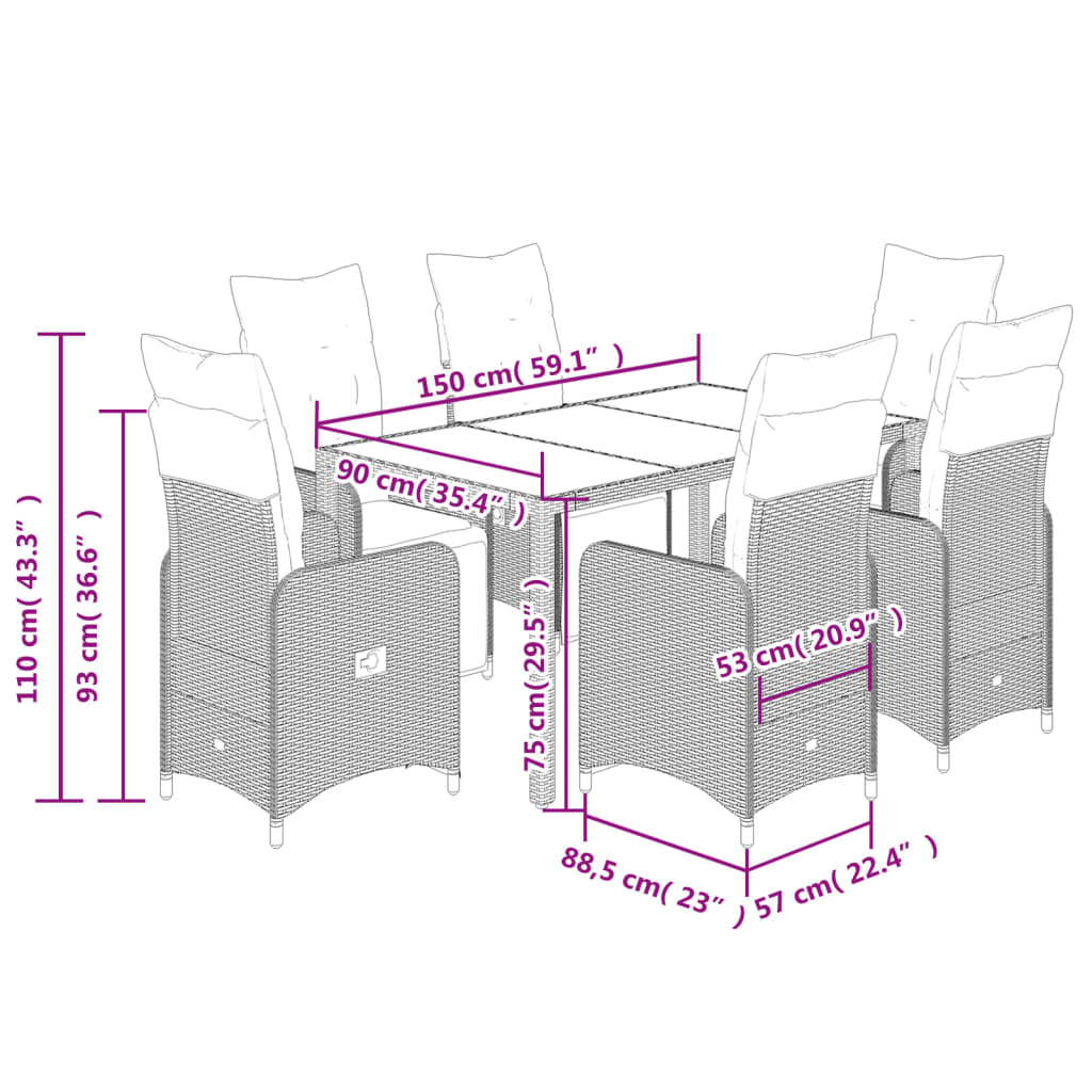 Set da Bistrò da Giardino 7 pz con Cuscini Nero in Polyrattan