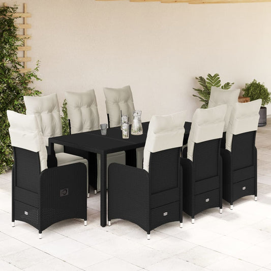 Set Bistrò da Giardino 9 pz con Cuscini in Polyrattan Nero