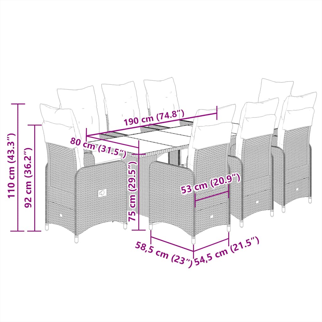 Set Bistrò da Giardino 9 pz con Cuscini in Polyrattan Nero - homemem39