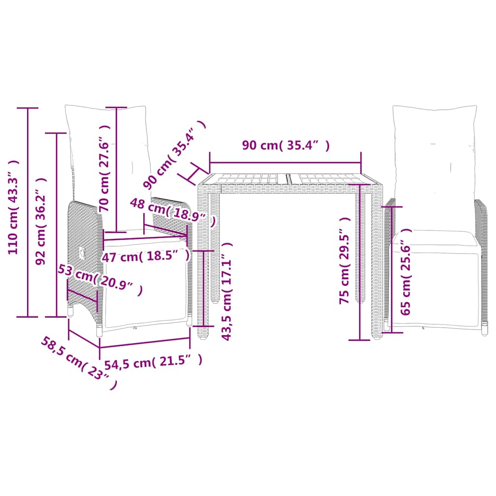 Set Bistrò da Giardino 3 pz con Cuscini in Polyrattan Grigio | homemem39
