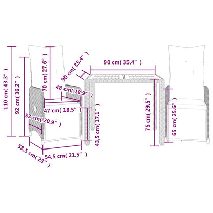 Set Bistrò da Giardino 3 pz con Cuscini in Polyrattan Grigio | homemem39