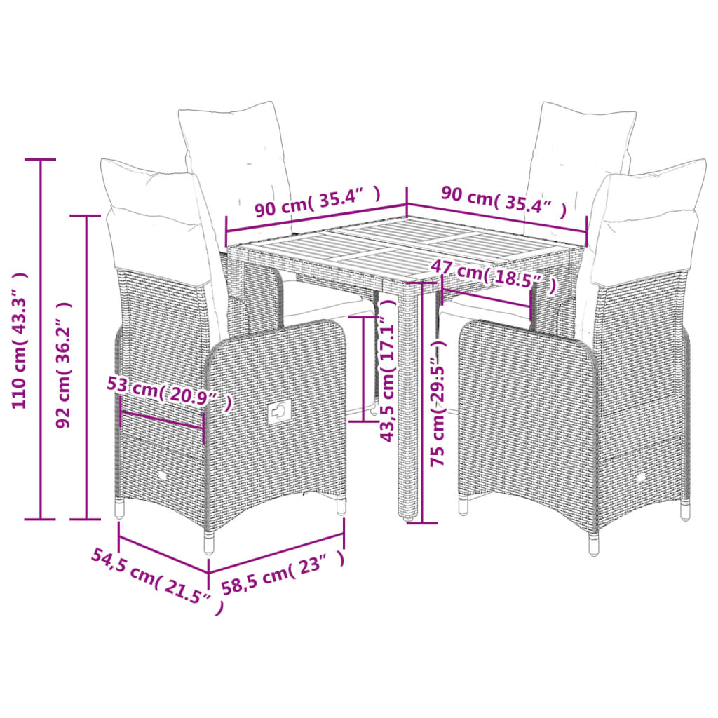 Set Bistrò da Giardino 5 pz con Cuscini in Polyrattan Grigio