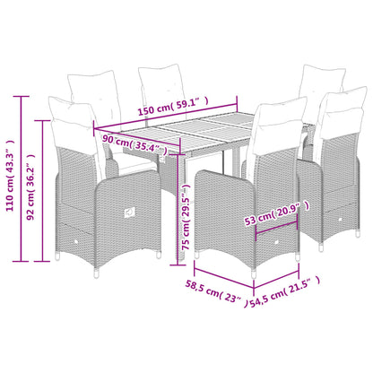 Set Bistrò da Giardino 7 pz con Cuscini in Polyrattan Grigio