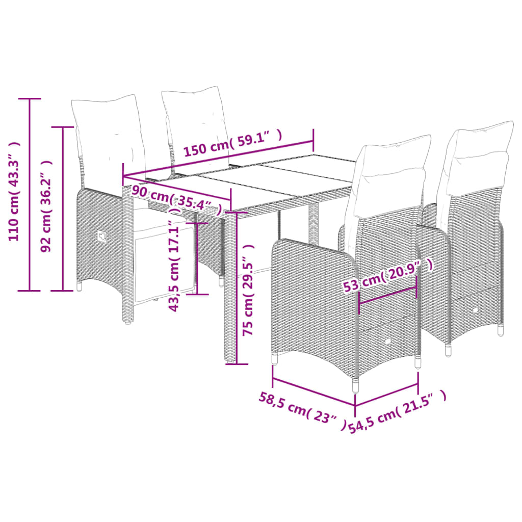 Set Bistrò da Giardino 5 pz con Cuscini in Polyrattan Grigio