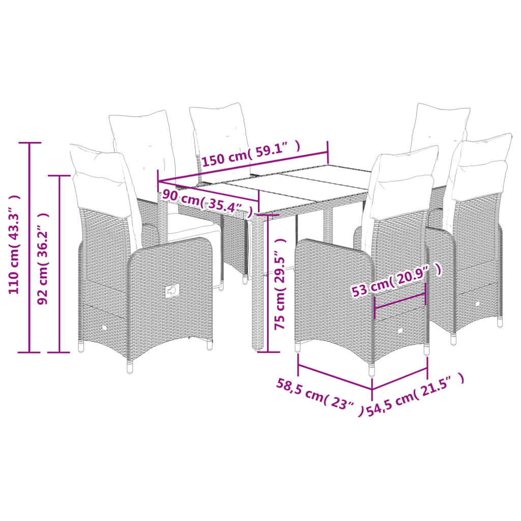 Set Bistrò da Giardino 7 pz con Cuscini in Polyrattan Grigio