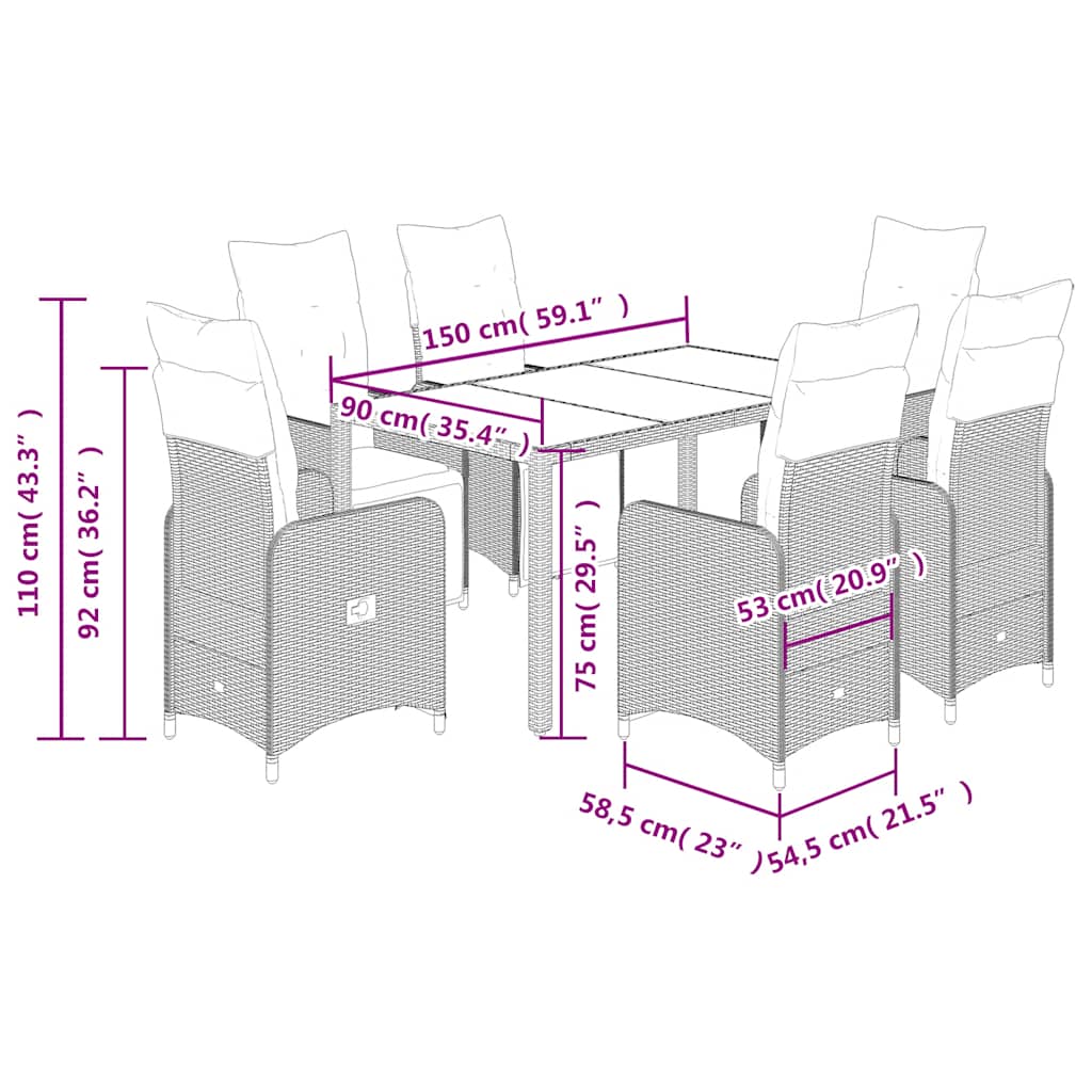 Set Bistrò da Giardino 7 pz con Cuscini in Polyrattan Marrone - homemem39