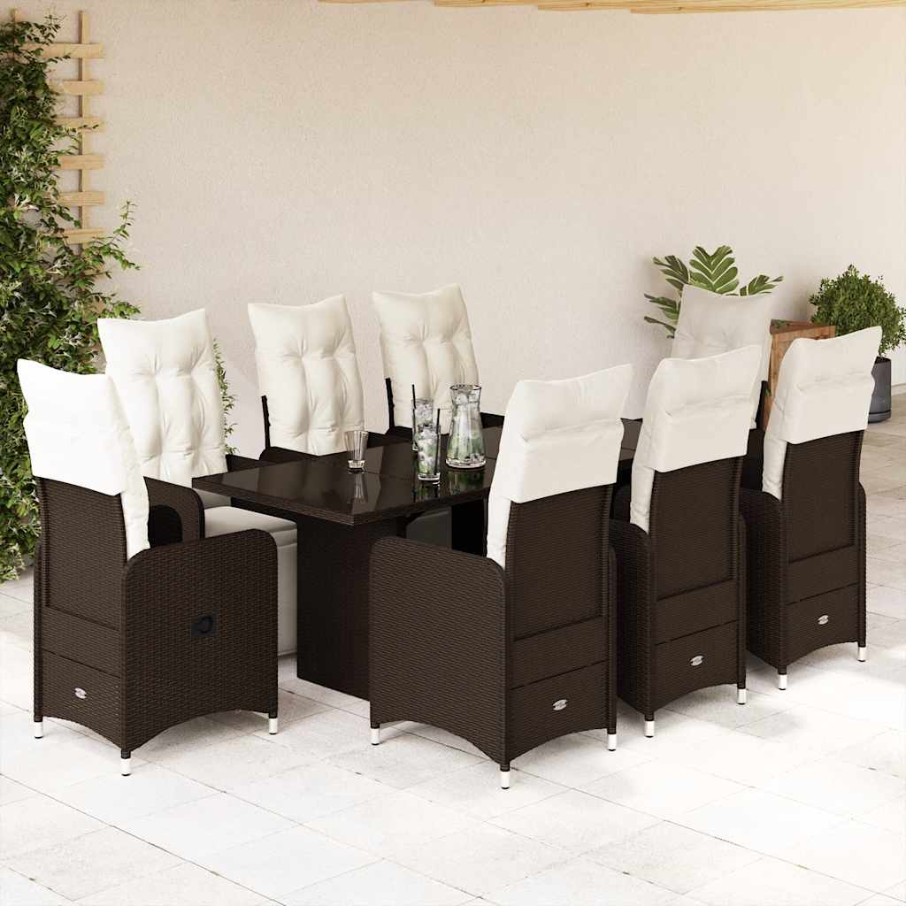 Set Bistrò da Giardino 9 pz con Cuscini in Polyrattan Marrone | homemem39