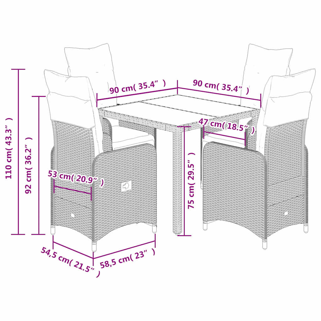 Set Bistrò da Giardino 5 pz con Cuscini in Polyrattan Marrone | homemem39
