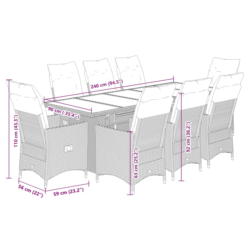 Set Bistrò da Giardino 9 pz con Cuscini in Polyrattan Nero | homemem39