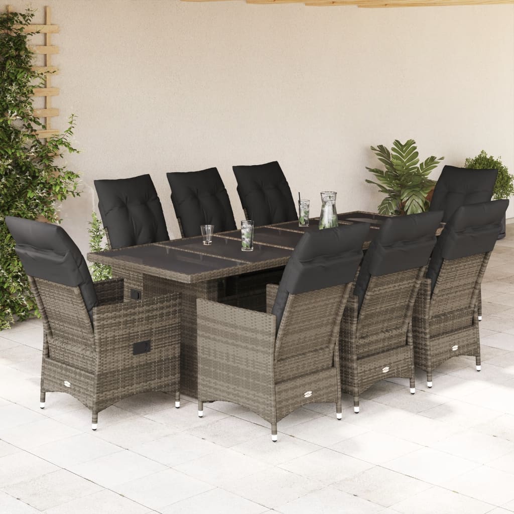 Set Bistrò da Giardino 9 pz con Cuscini in Polyrattan Grigio | homemem39