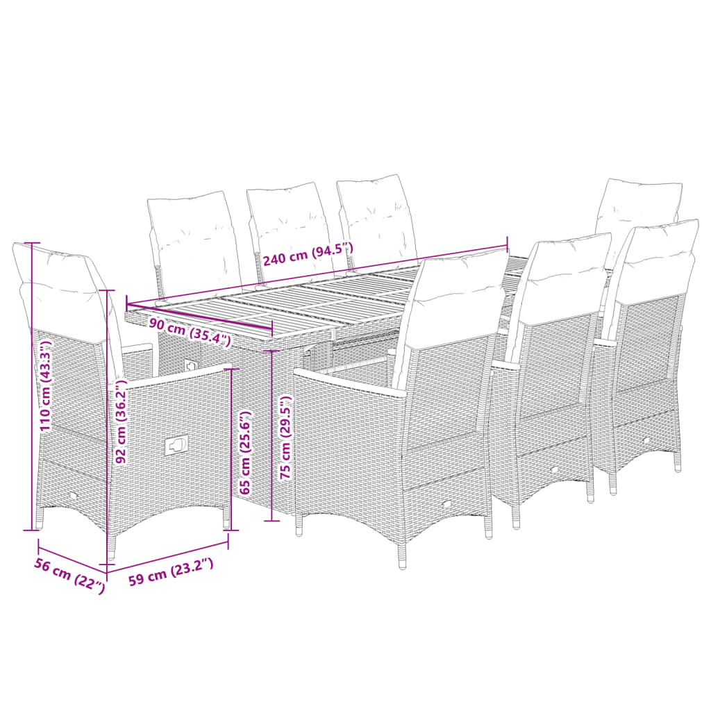 Set Bistrò da Giardino 9 pz con Cuscini in Polyrattan Nero | homemem39