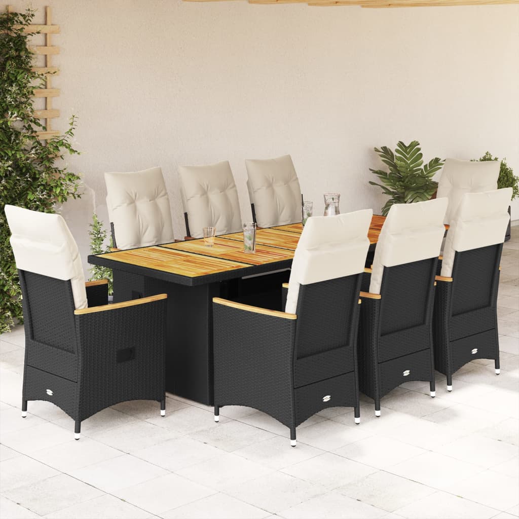 Set Bistrò da Giardino 9 pz con Cuscini in Polyrattan Nero | homemem39