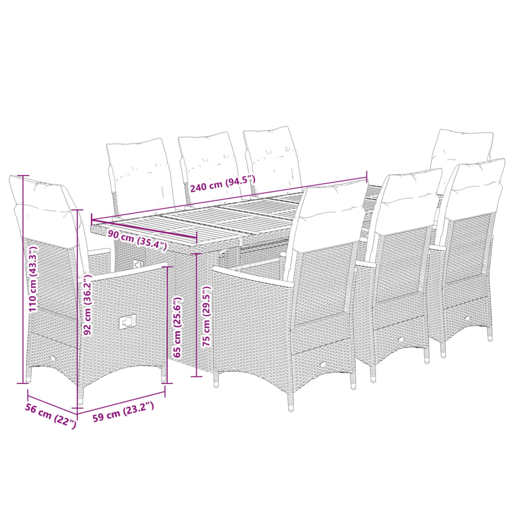 Set Bistrò da Giardino 9 pz con Cuscini in Polyrattan Grigio | homemem39
