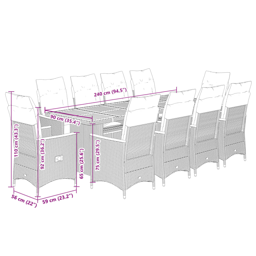 Set Bistrò da Giardino 11 pz con Cuscini in Polyrattan Grigio | homemem39