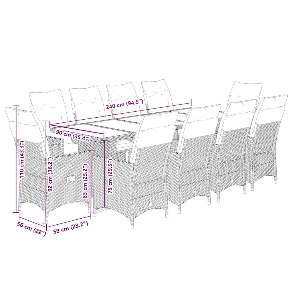 Set Bistrò da Giardino 11 pz con Cuscini in Polyrattan Grigio | homemem39