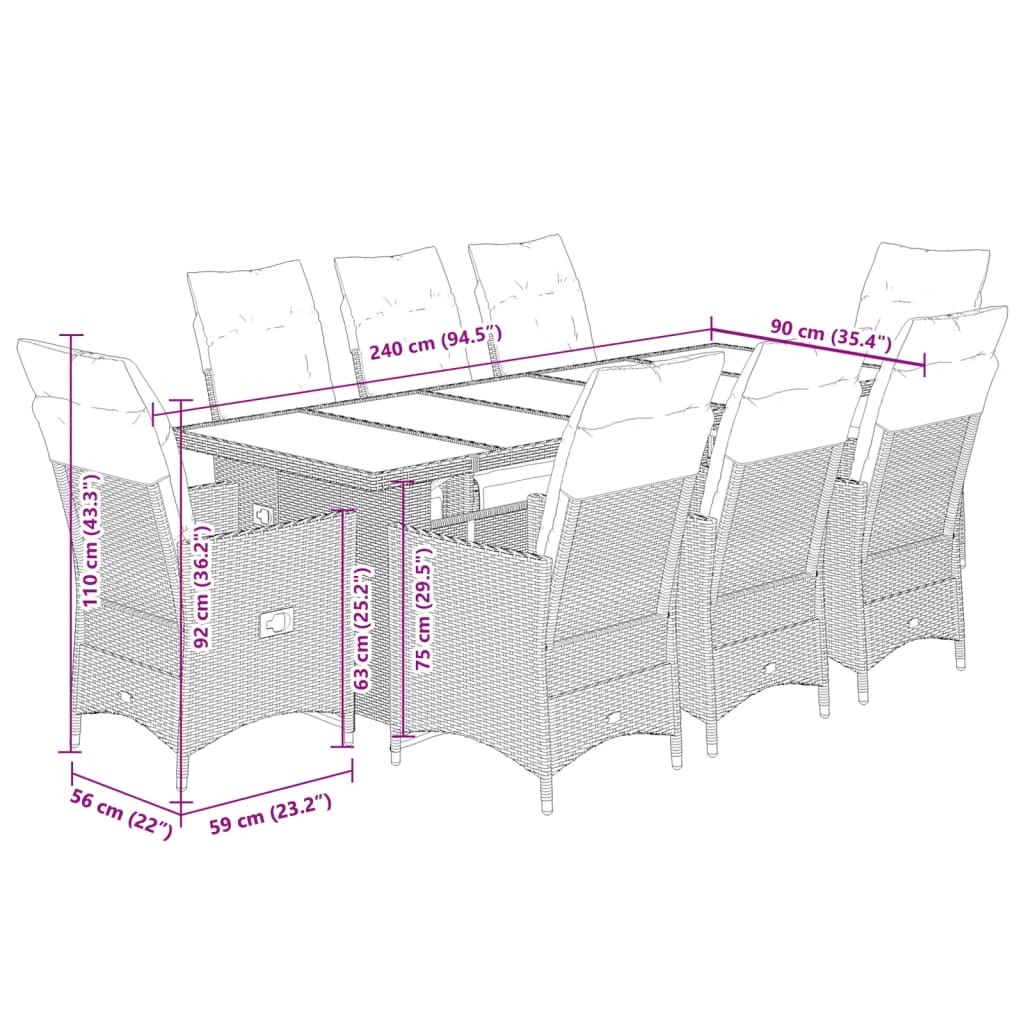 Set da Bistrò da Giardino 9 pz con Cuscini Beige in Polyrattan | homemem39