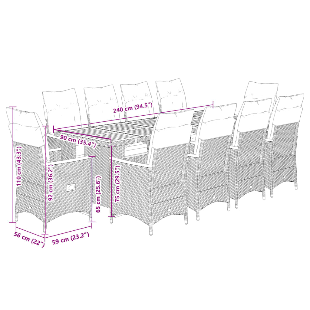 Set Bistrò da Giardino 11 pz con Cuscini in Polyrattan Grigio | homemem39
