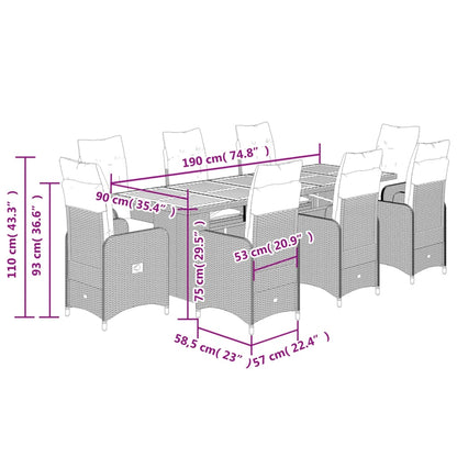 Set Bistrò da Giardino 9 pz con Cuscini in Polyrattan Nero