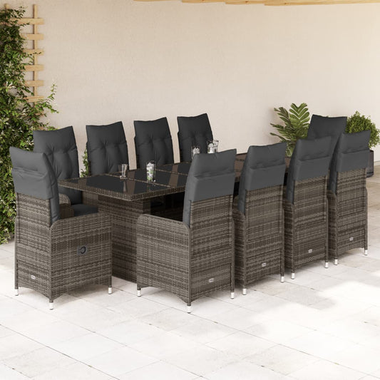 Set Bistrò da Giardino 11 pz con Cuscini in Polyrattan Grigio