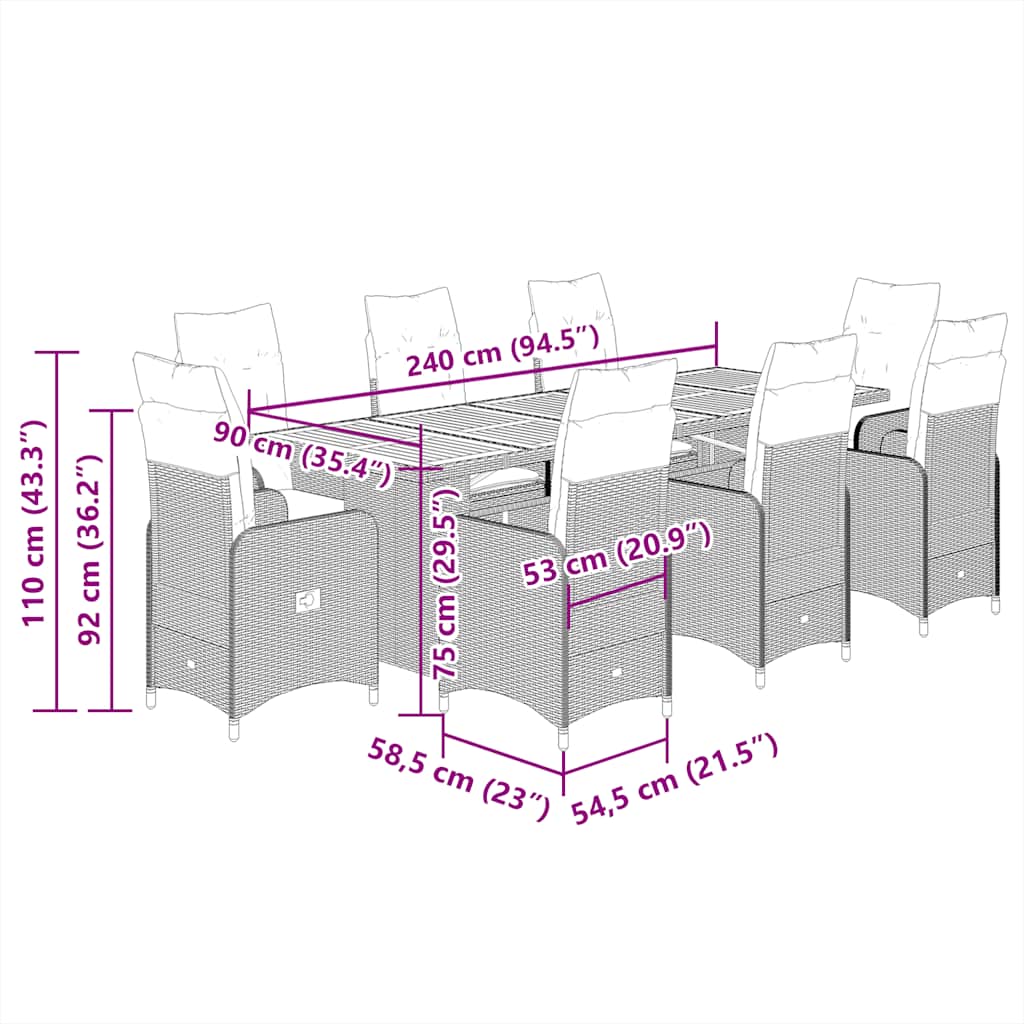 Set Bistrò da Giardino 9 pz con Cuscini in Polyrattan Nero | homemem39