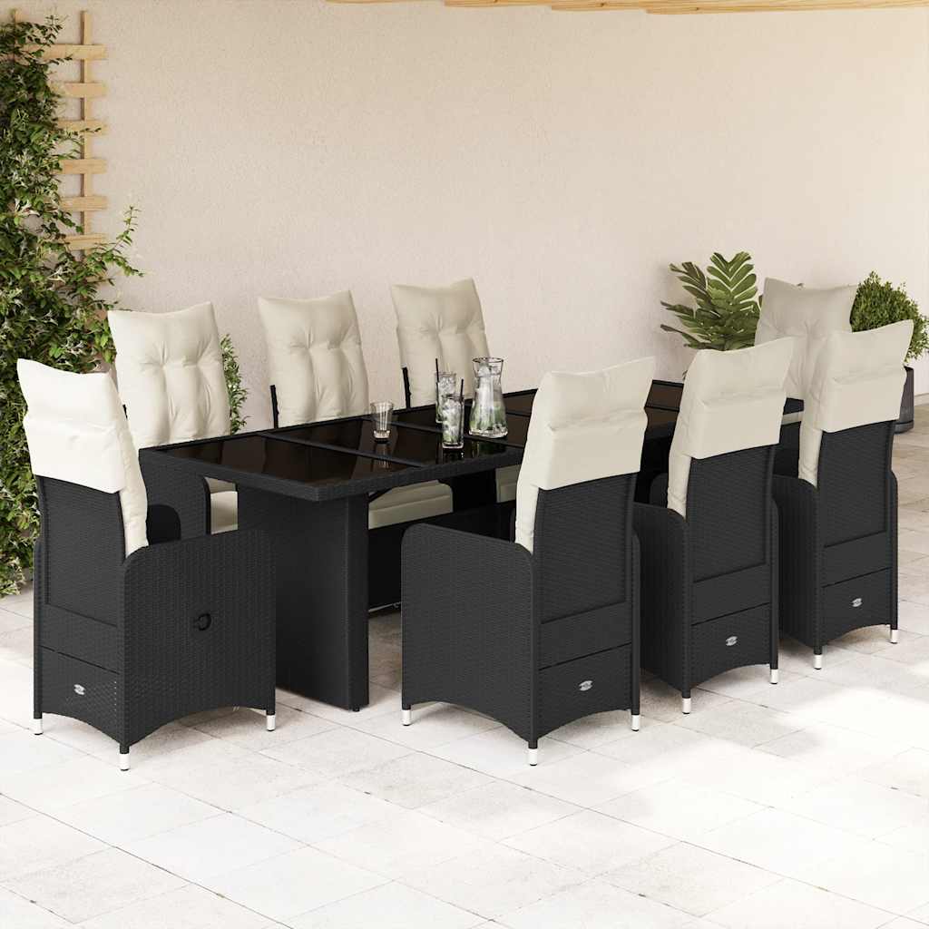 Set Bistrò da Giardino 9 pz con Cuscini in Polyrattan Nero | homemem39