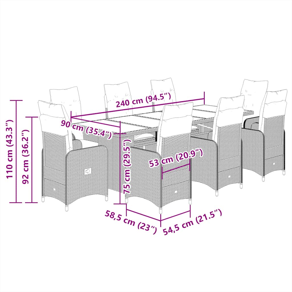 Set Bistrò da Giardino 9 pz con Cuscini in Polyrattan Marrone - homemem39