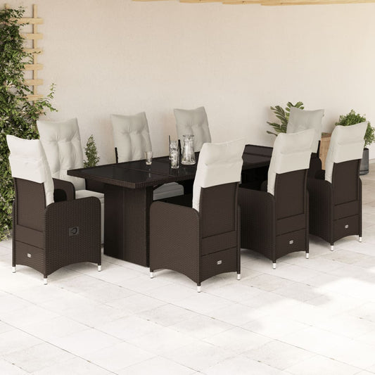 Set Bistrò da Giardino 9 pz con Cuscini in Polyrattan Marrone