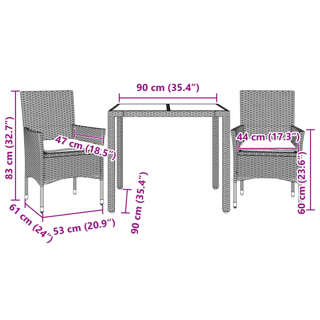 Set da Pranzo da Giardino 3 pz con Cuscini Polyrattan e Vetro | homemem39