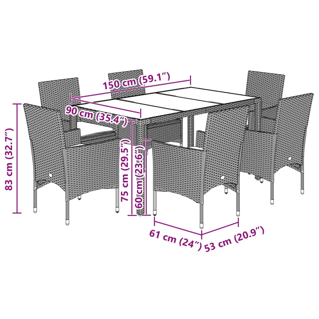 Set Pranzo da Giardino 7 pz Nero con Cuscini Polyrattan Acacia - homemem39