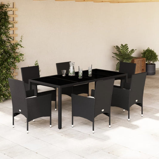Set Pranzo da Giardino 7 pz Nero con Cuscini Polyrattan Acacia - homemem39