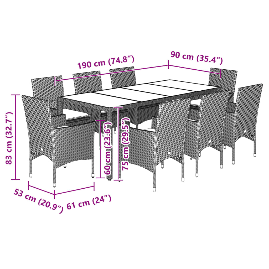 Set da Pranzo da Giardino 9 pz con Cuscini Polyrattan e Vetro | homemem39