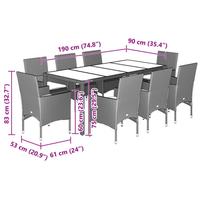 Set da Pranzo da Giardino 9 pz con Cuscini Polyrattan e Vetro | homemem39